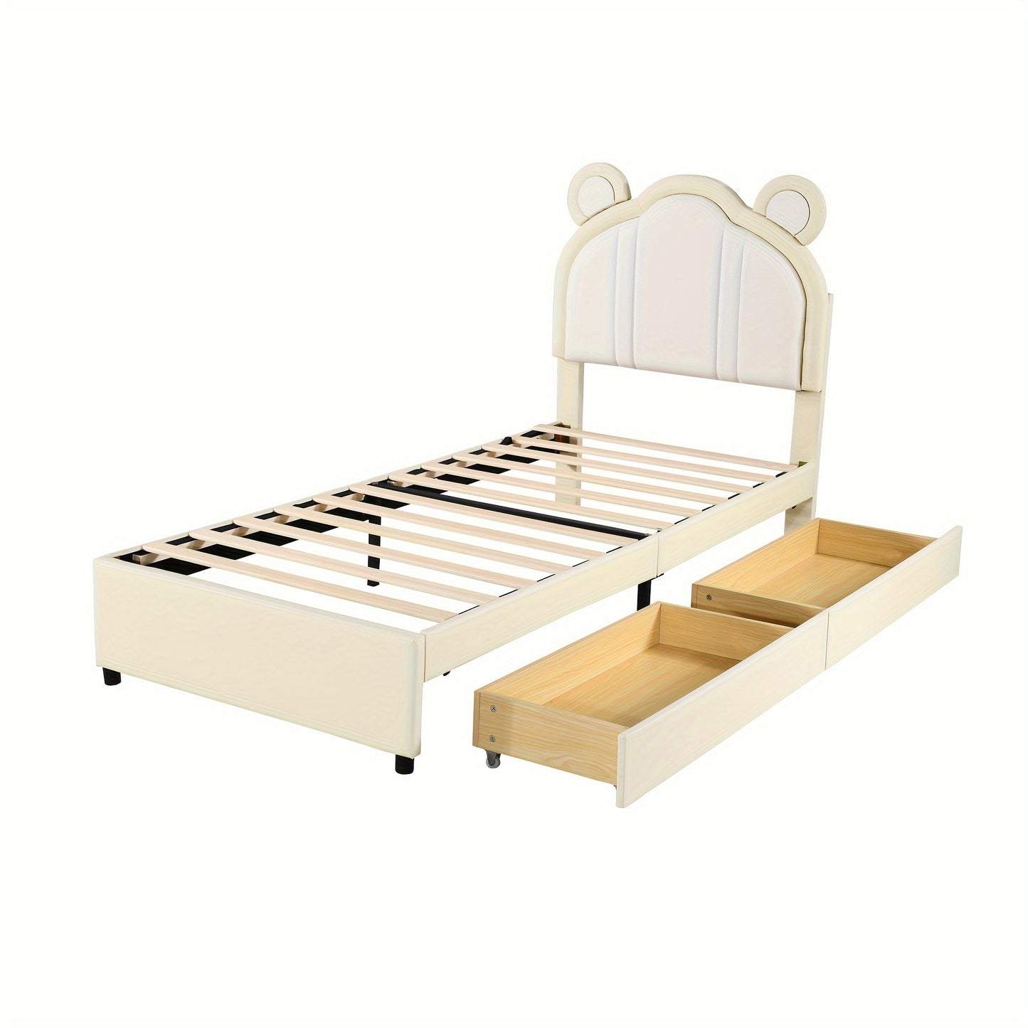 Modern Beige Dual-Tone Single Bed with Cute Ear Design & Storage - Soft, Comfortable Faux Leather Fabric, Easy Clean