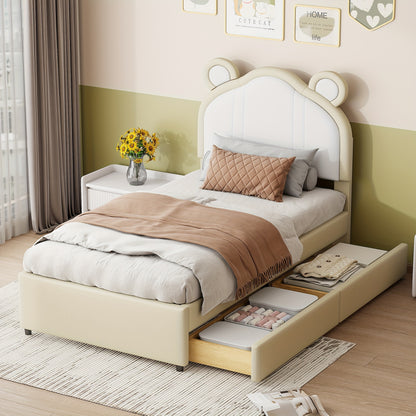 Modern Beige Dual-Tone Single Bed with Cute Ear Design & Storage - Soft, Comfortable Faux Leather Fabric, Easy Clean