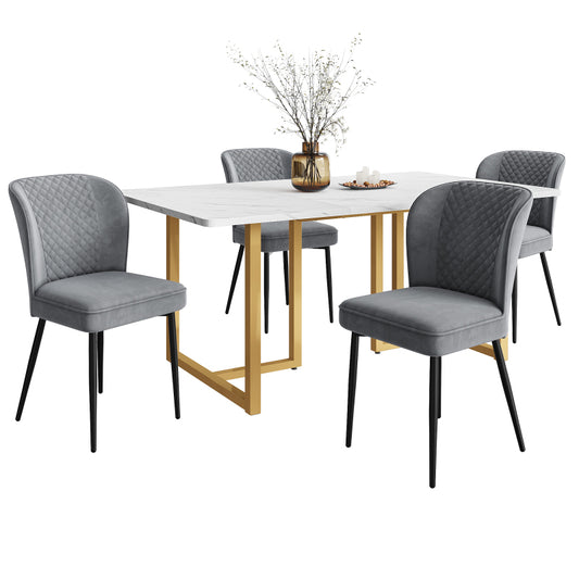 Ensemble de salle à manger (table à manger 140 x 80 x 75 cm avec 4 chaises), chaises de salle à manger en velours gris foncé, chaise design rembourrée avec dossier, plateau de table en MDF blanc, pieds de table en forme de L dorés