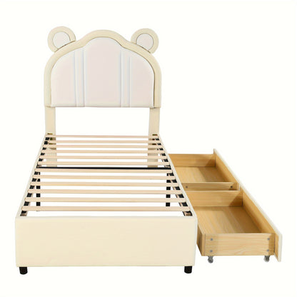 Modern Beige Dual-Tone Single Bed with Cute Ear Design & Storage - Soft, Comfortable Faux Leather Fabric, Easy Clean