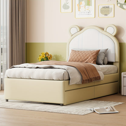 Modern Beige Dual-Tone Single Bed with Cute Ear Design & Storage - Soft, Comfortable Faux Leather Fabric, Easy Clean