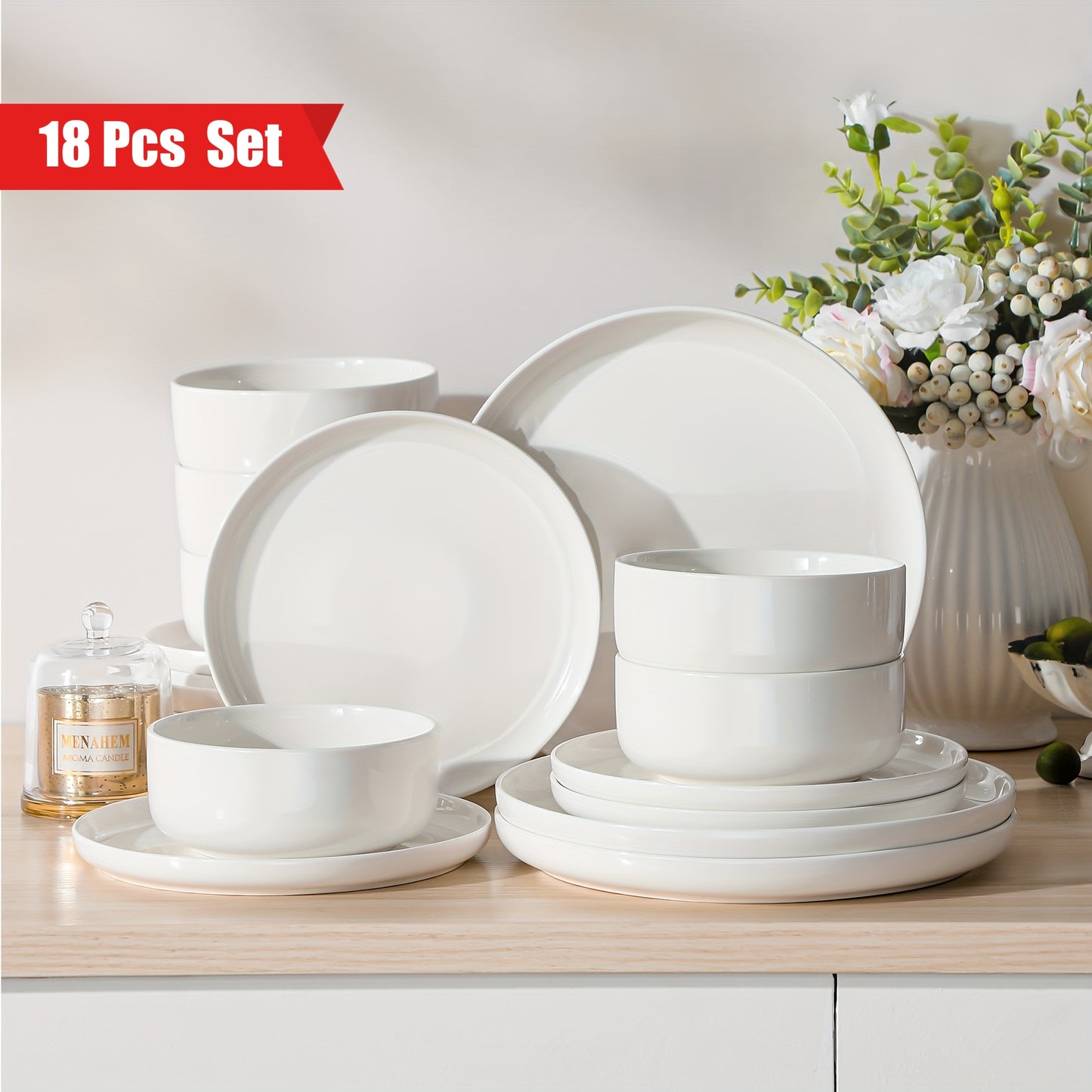 Service de table en porcelaine ivoire 18 pièces avec assiette plate, assiette à dessert et bol à salade pour 6 personnes.