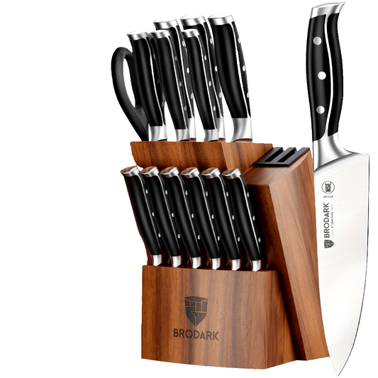 Ensemble de couteaux de cuisine Brodark avec bloc, ensemble de couteaux de chef professionnels 15 pièces avec aiguiseur de couteaux, ensemble de blocs de couteaux en acier inoxydable allemand de qualité alimentaire, série Steel-king, avec coffret cadeau