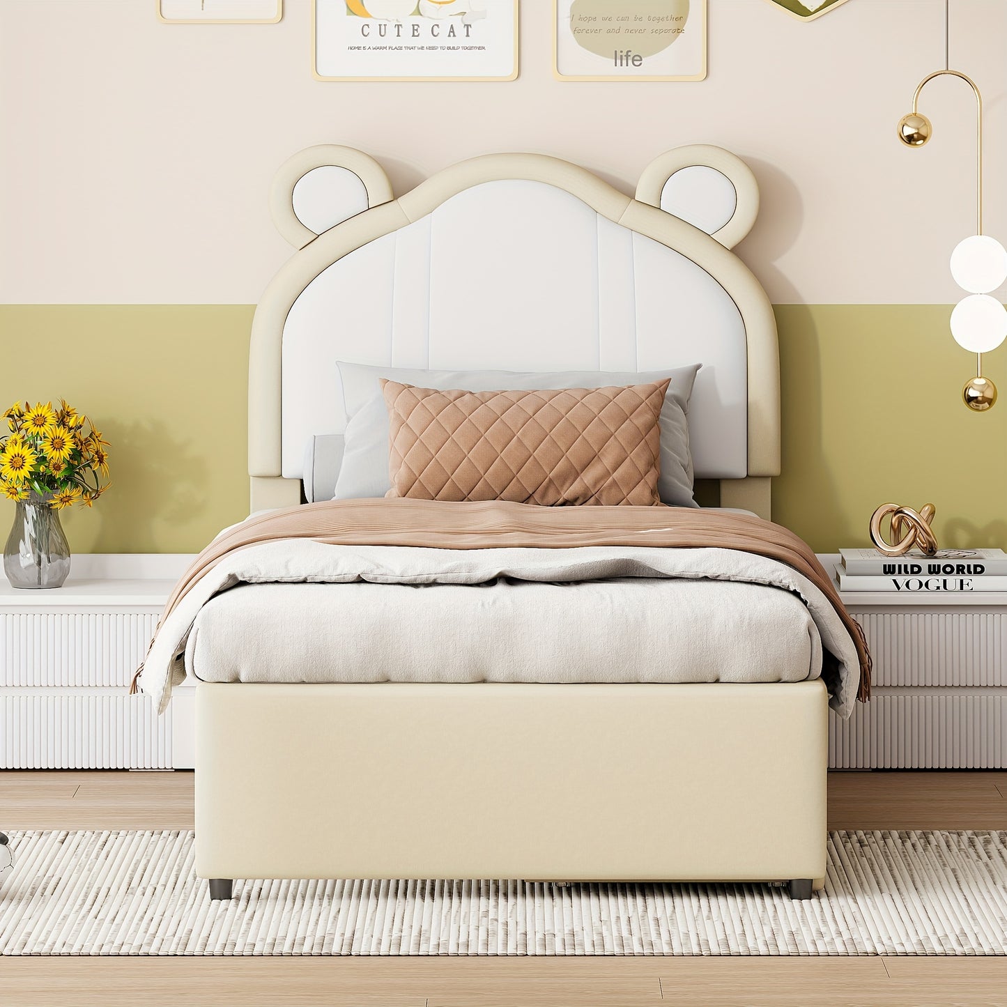 Modern Beige Dual-Tone Single Bed with Cute Ear Design & Storage - Soft, Comfortable Faux Leather Fabric, Easy Clean