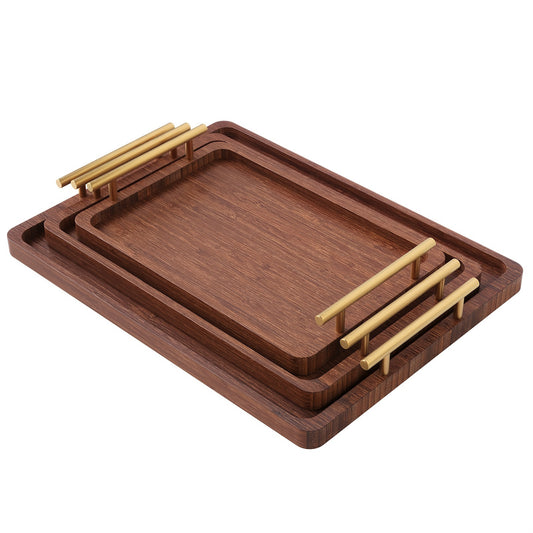 Elegant Bamboo Wood Dinner Tray Set, Right Angle Wooden Tray for Tea Cups with Metal Handle New Chinese Style Small Tea Tray, Home Breakfast Tray - Perfect for Coffee And Snacks