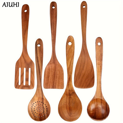 Ensemble de 6 Ustensiles de Cuisine en Bois - Cuillères et Spatules de Cuisine Antiadhésives, Essentiels pour la Maison et le Restaurant