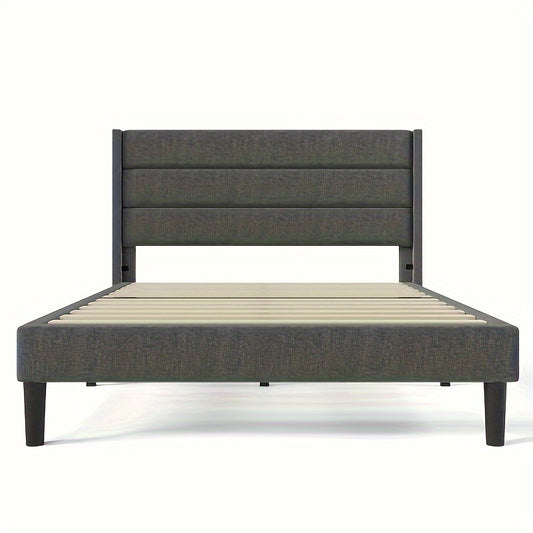 Upholstered Bed 140 X 200 Cm, Bed Frame With Slatted Frame And Headboard, Upholstered Double Bed, Dark Grey Textile Bed Sheet, Timeless Modern Design, Guest Room Bed (without Mattress)