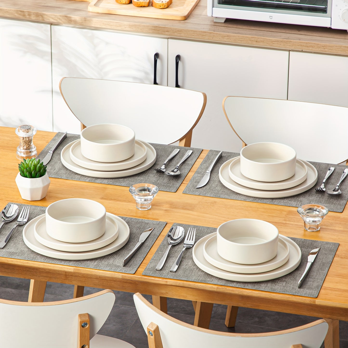 Service de table moderne 12 pièces en grès mat avec assiette plate de 26.67 cm, assiette à dessert de 20.32 cm et bol de 720 ml, service pour 4